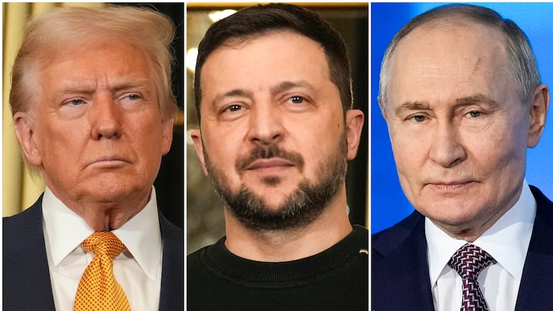 FILE - In this combination of file photos, U.S. President Donald Trump, left, and Ukraine's...