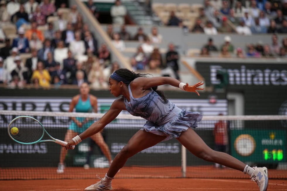 Coco Gauff of the U.S. plays a shot against Aryna Sabalenka of Belarus during their final...