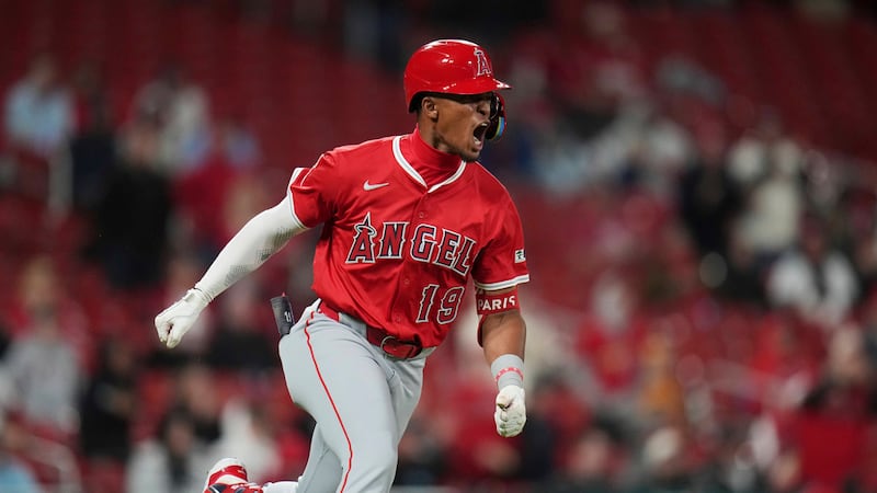 Los Angeles Angels' Kyren Paris celebrates after hitting an RBI single during the 11th inning...