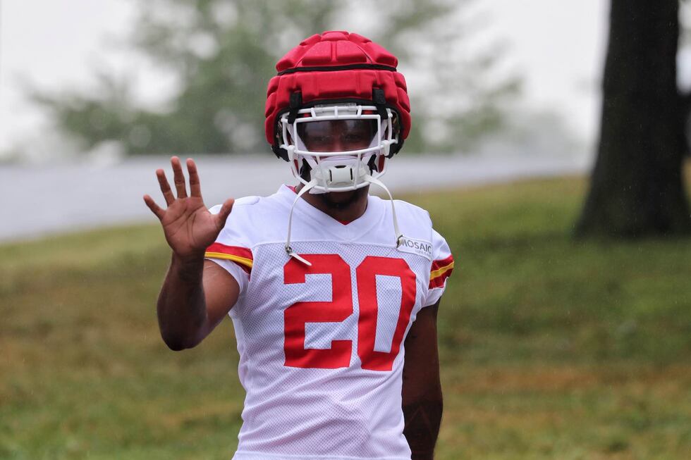 Kansas City Chiefs safety Justin Reid walks to training camp practice in St. Joseph on Aug....