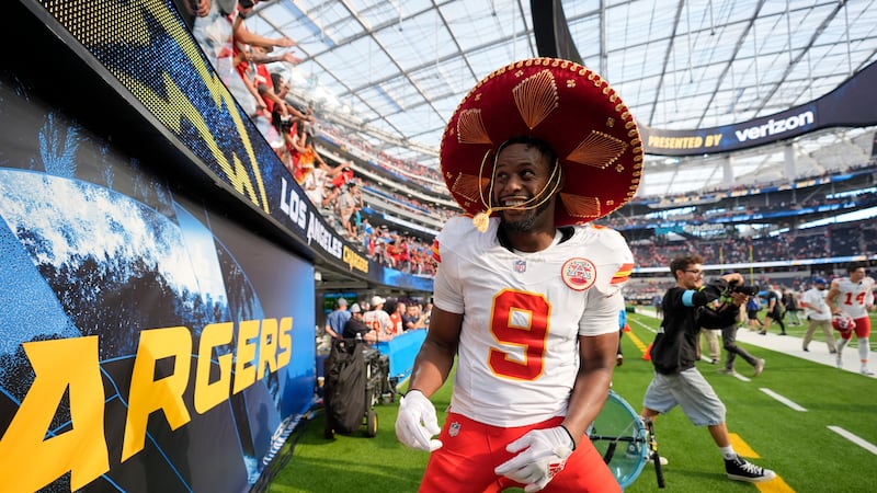 Kansas City Chiefs wide receiver JuJu Smith-Schuster celebrates following an NFL football game...