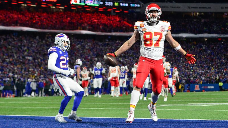 Kansas City Chiefs tight end Travis Kelce (87) scores a touchdown against the Buffalo Bills...