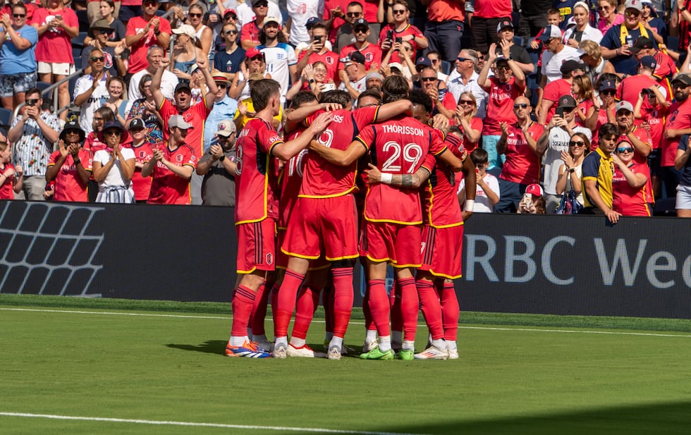The team celebrates after Marcel Hartel's go ahead goal to seal a 2-1 win against LA Galaxy.