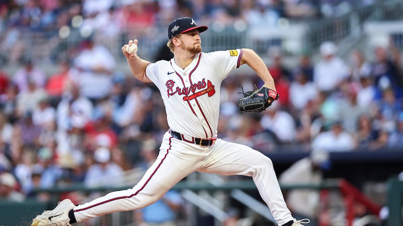 Atlanta Braves pitcher Spencer Schwellenbach delivers in the first inning of a baseball game...