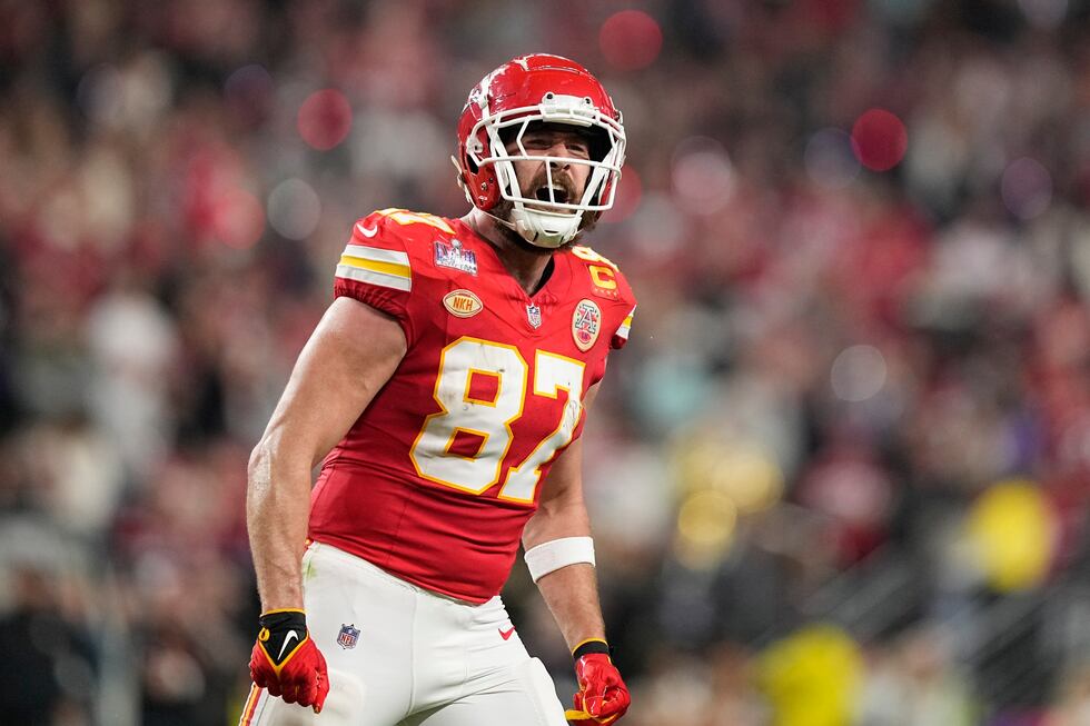 Kansas City Chiefs tight end Travis Kelce yells after a play during the second half of the NFL...