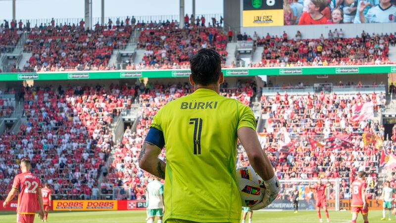 St. Louis Captain and goalkeeper Roman Bürki brings the ball up for a goal kick.