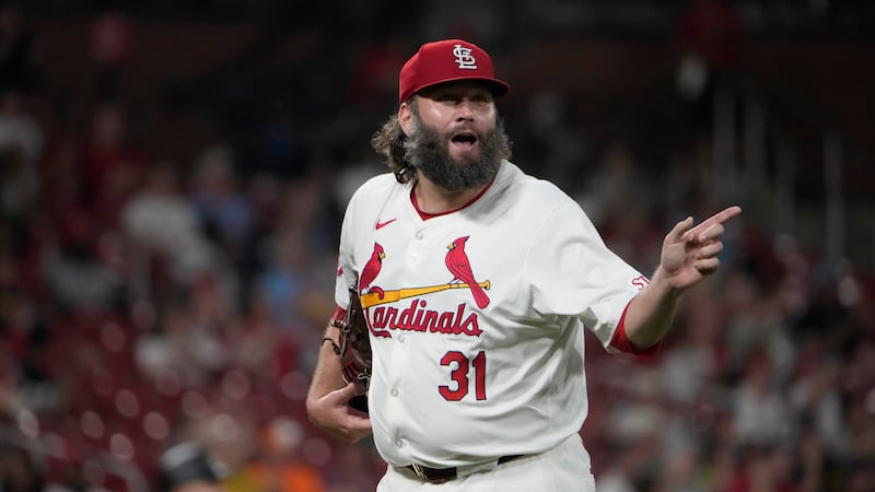 FILE - St. Louis Cardinals starting pitcher Lance Lynn celebrates after getting Pittsburgh...