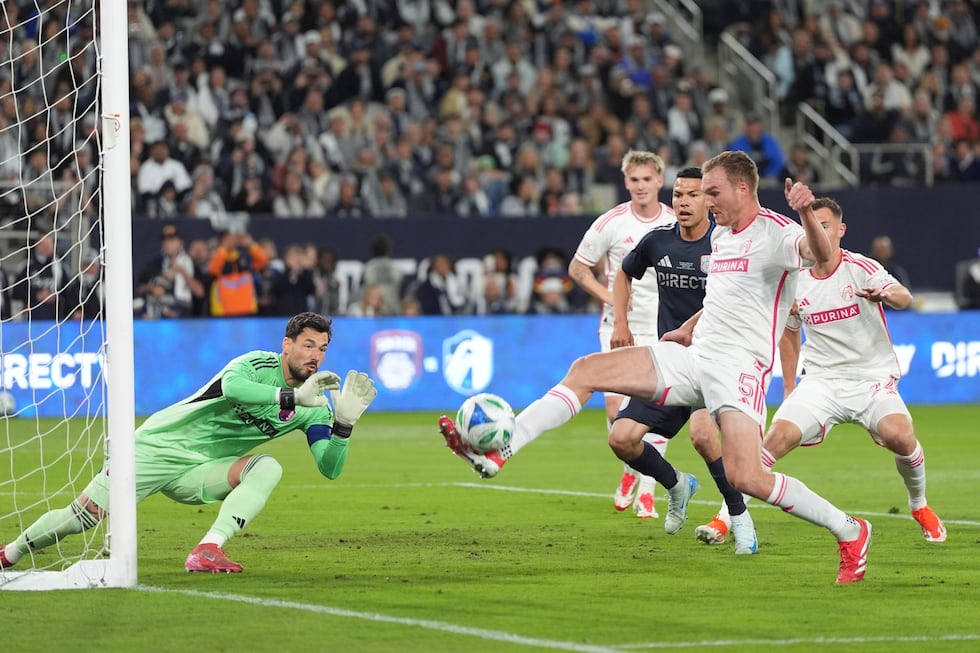 St. Louis City defender Henry Kessler, right, clears a corner kick in front of San Diego FC...