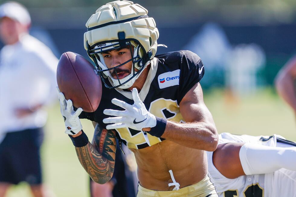 Samson Nacua pictured in 2024 as wide receiver for the New Orleans Saints (Photo by Sophia...