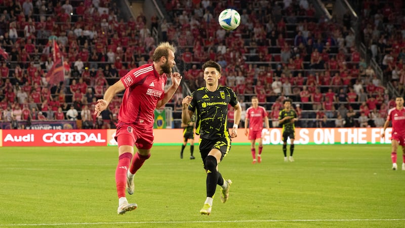 St. Louis CITY SC's João Klauss heading a ball in a match against the Columbus Crew on April...