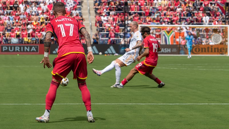 CITY SC's Marcel Hartel and Indiana Vassilev defend an LA Galaxy attack.