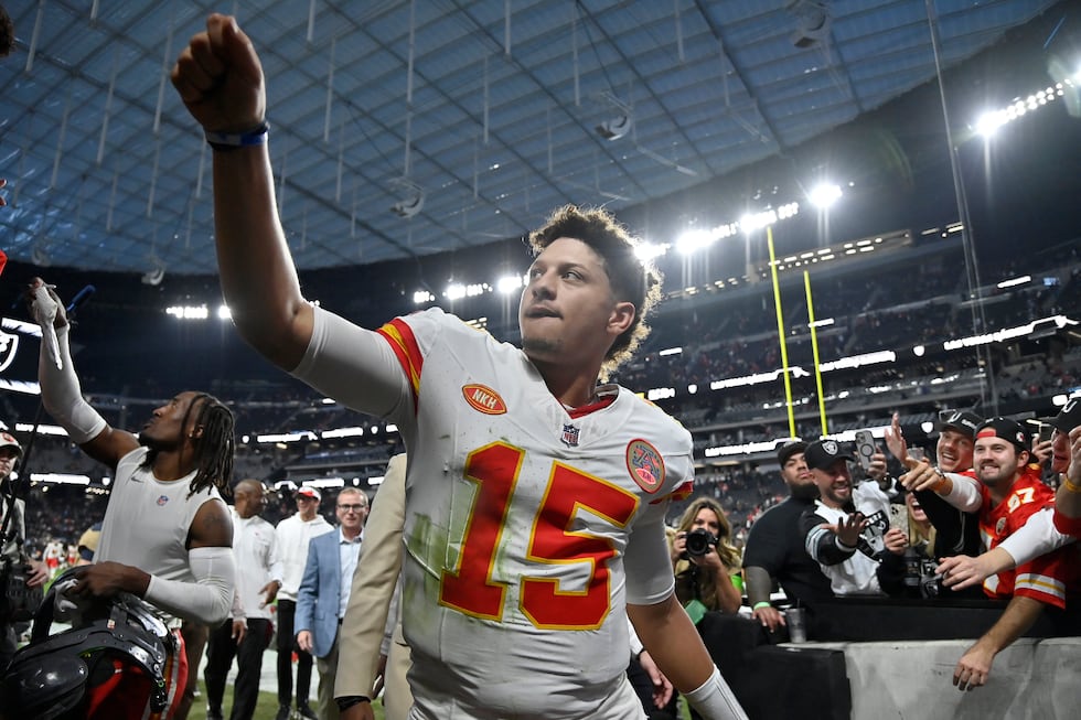 Kansas City Chiefs quarterback Patrick Mahomes (15) celebrates after an NFL football game...