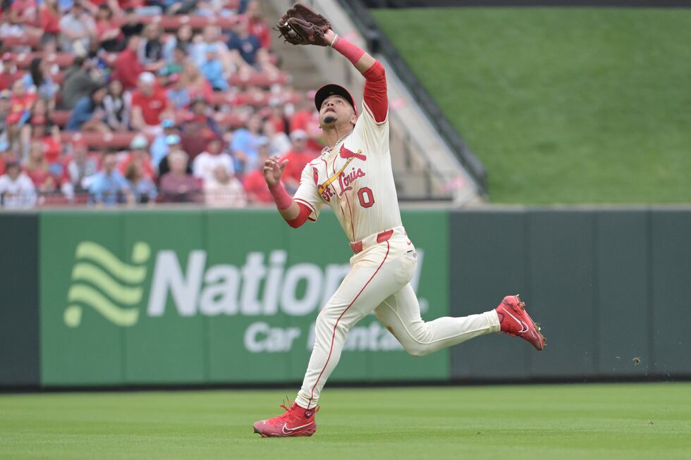 St. Louis Cardinals shortstop Masyn Winn (0) makes a catch during the ninth inning of a...