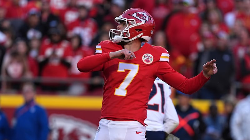 Kansas City Chiefs kicker Harrison Butker watches his 20-yard field goal during the second...