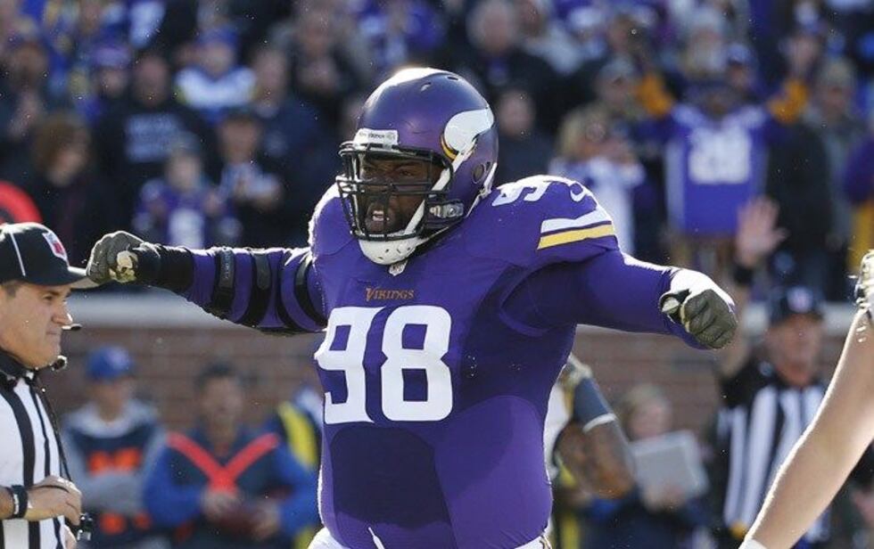 Minnesota Vikings defensive tackle Linval Joseph (98) reacts after a play during the first...