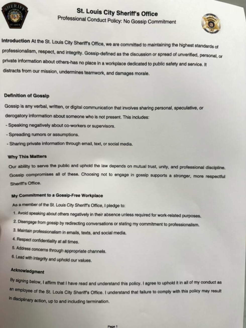 The St. Louis City Sheriff's Office Professional Conduct Policy on No Gossip.