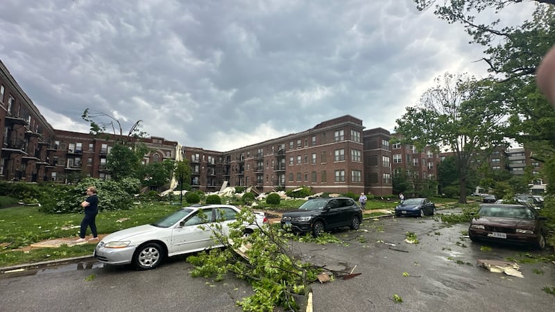 Debris covers the road at Skinker Debaliviere near Kingsbury and Clara following strong storms...