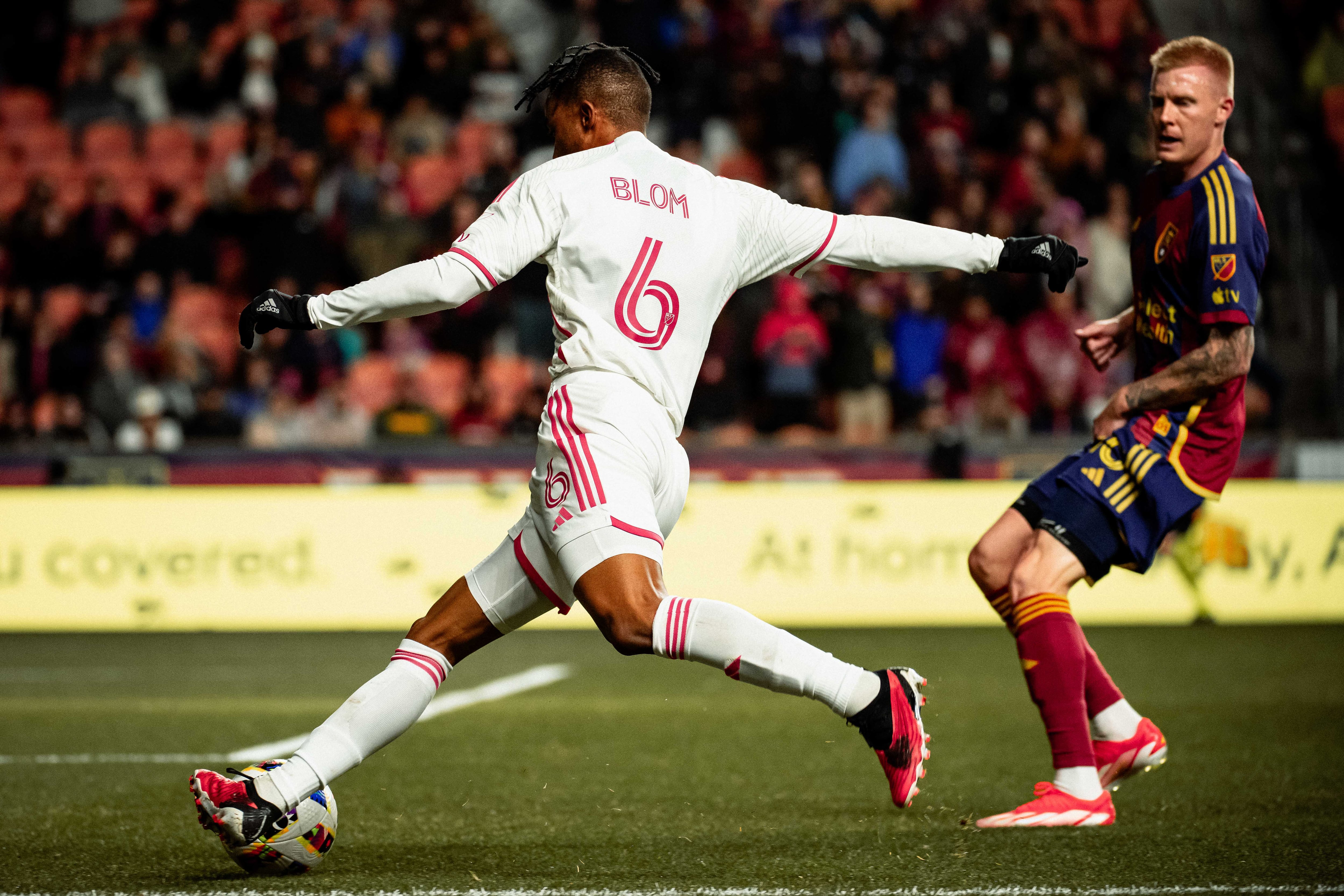St. Louis CITY SC midfielder Njabulo Blom traveling down the pitch during a match against Real...