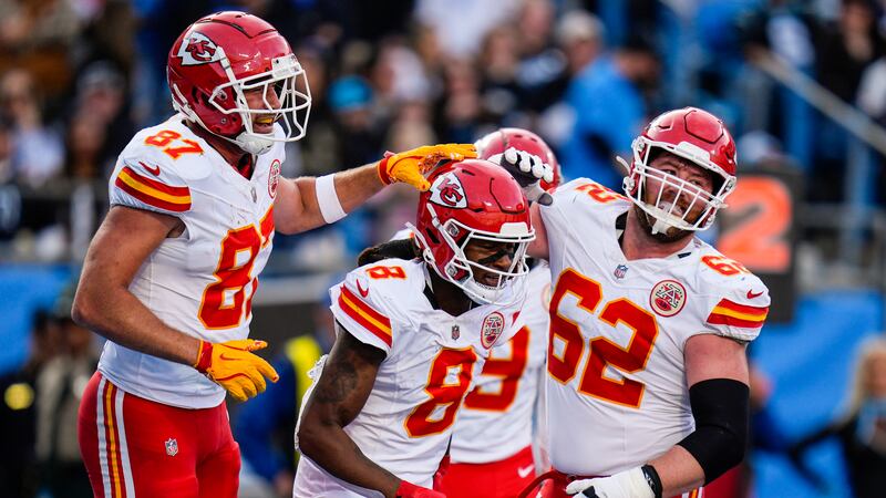 Kansas City Chiefs wide receiver DeAndre Hopkins (8) celebrates his touchdown catch with...
