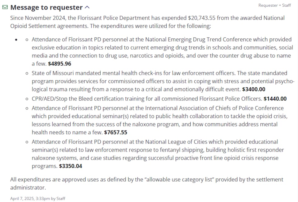 City of Florissant's response to a public records request for opioid settlement expenditures...