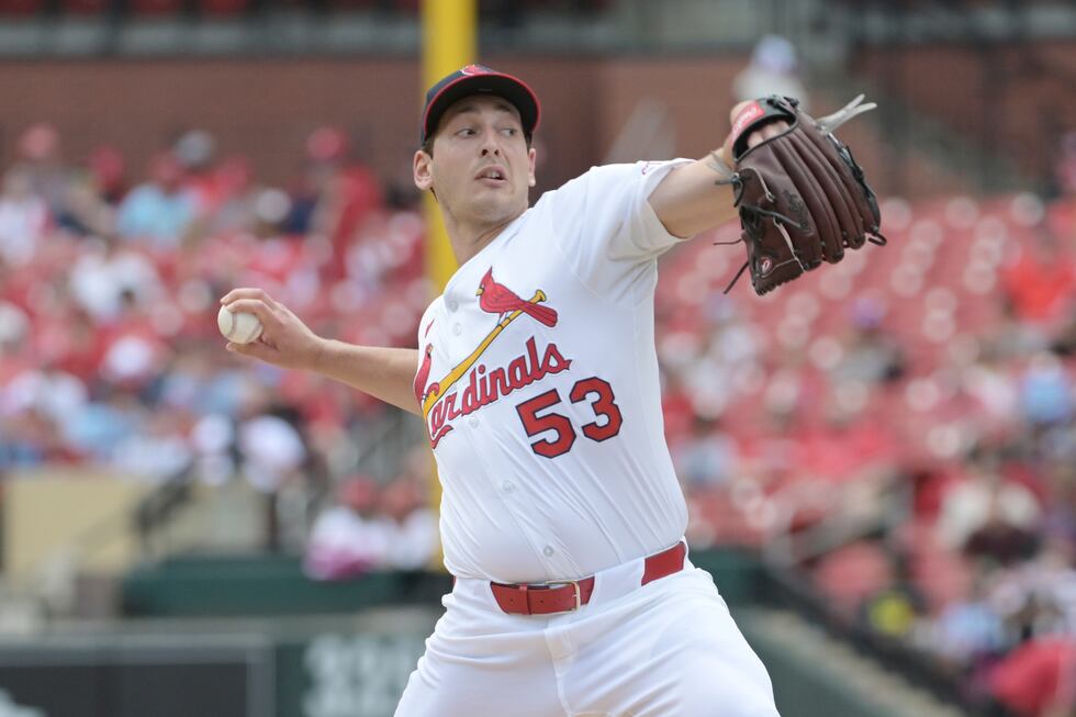 St. Louis Cardinals' Andre Pallante pitches during the first inning of a baseball game against...