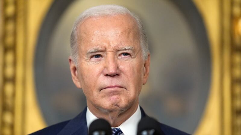 FILE - President Joe Biden speaks in the Diplomatic Reception Room of the White House, Feb. 8,...