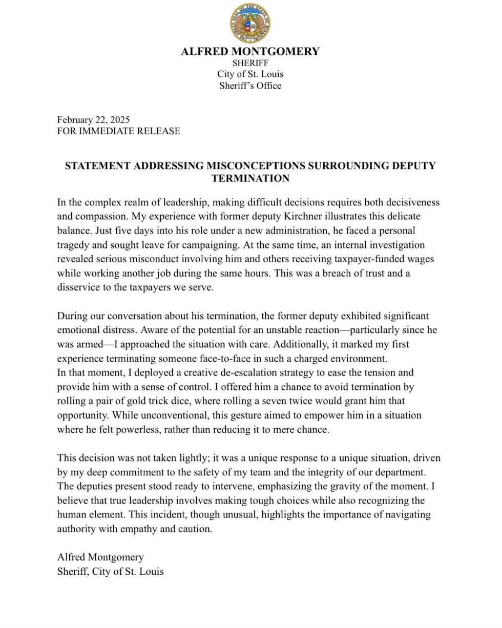 Sheriff Montgomery released a statement regarding former deputy Kirchner Saturday, February...