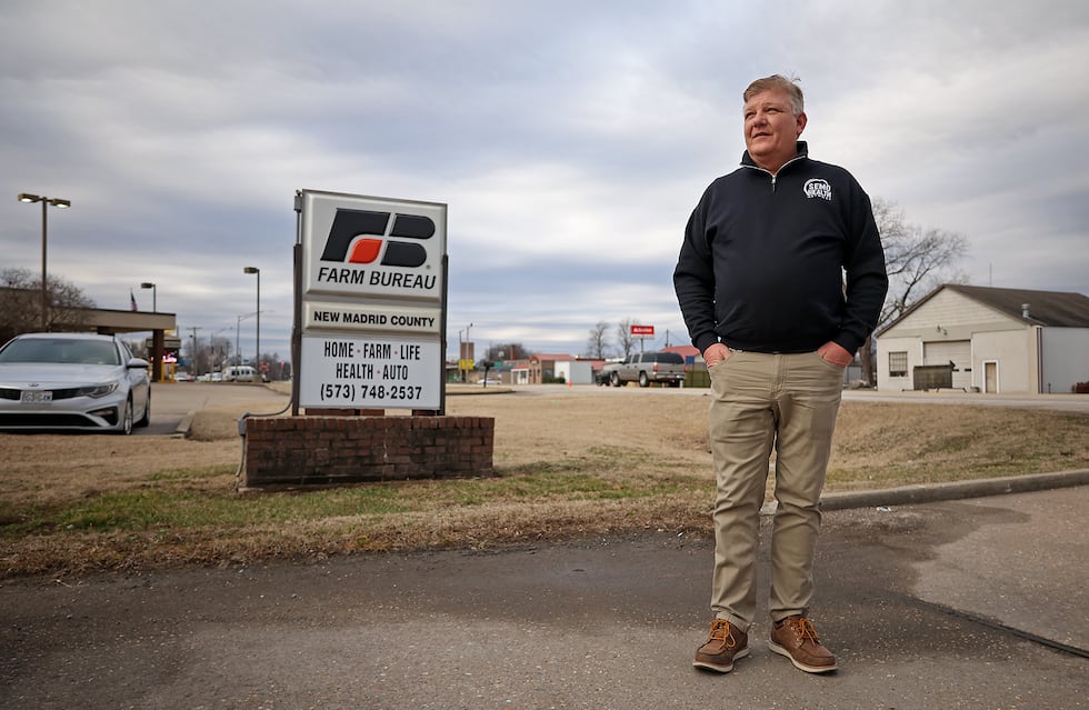 Missouri Farm Bureau Agent Jason Ginder stands outside of his office on Friday, Feb. 7, 2025,...