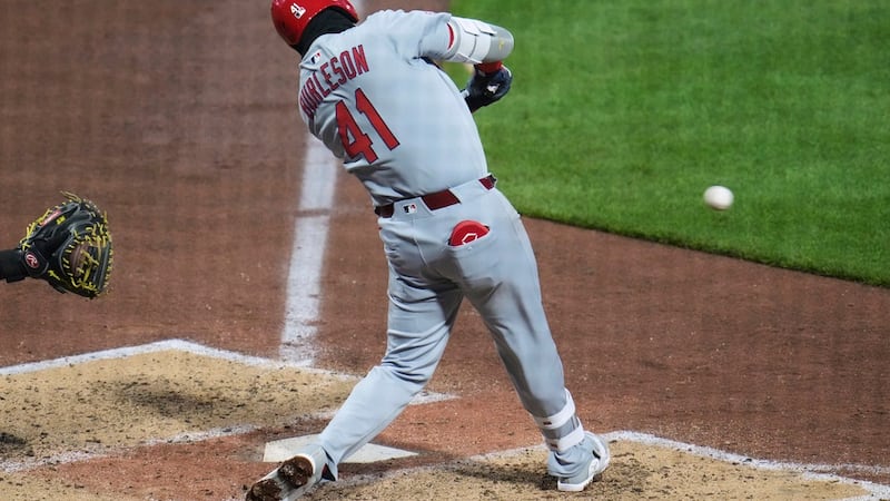St. Louis Cardinals' Alec Burleson singles off Pittsburgh Pirates pitcher Paul Skenes, driving...