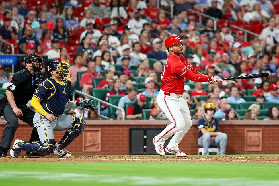 Milwaukee Brewers catcher William Contreras, second from left, looks on as St. Louis...