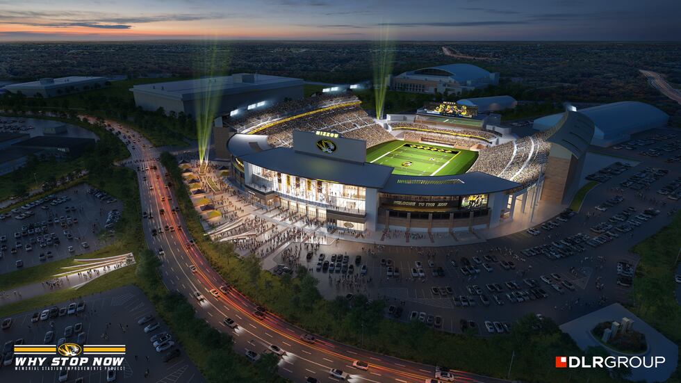 An aerial rendering of the proposed renovations of Memorial Stadium in Columbia, Missouri.
