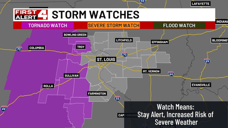 Tornado Watch issued West of STL Until 11PM
Severe Storms Possible Even East of the Watch...